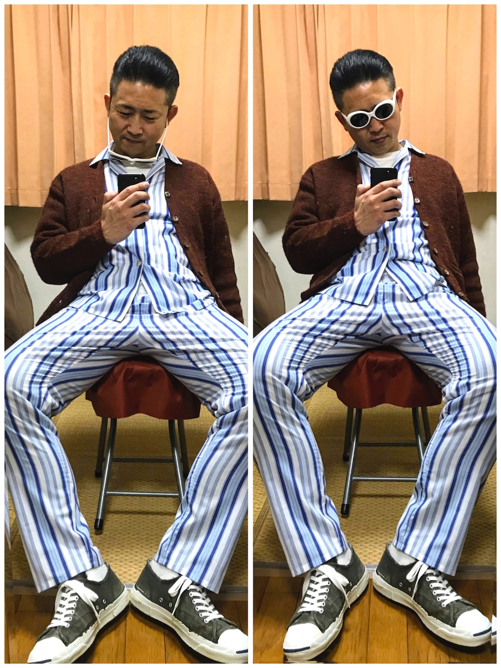 ブラウン系のカーディガン/ボレロ、ブルー系のセットアップ、ホワイト系のTシャツ/カットソーを着用したメンズの秋コーディネートの2枚目の写真