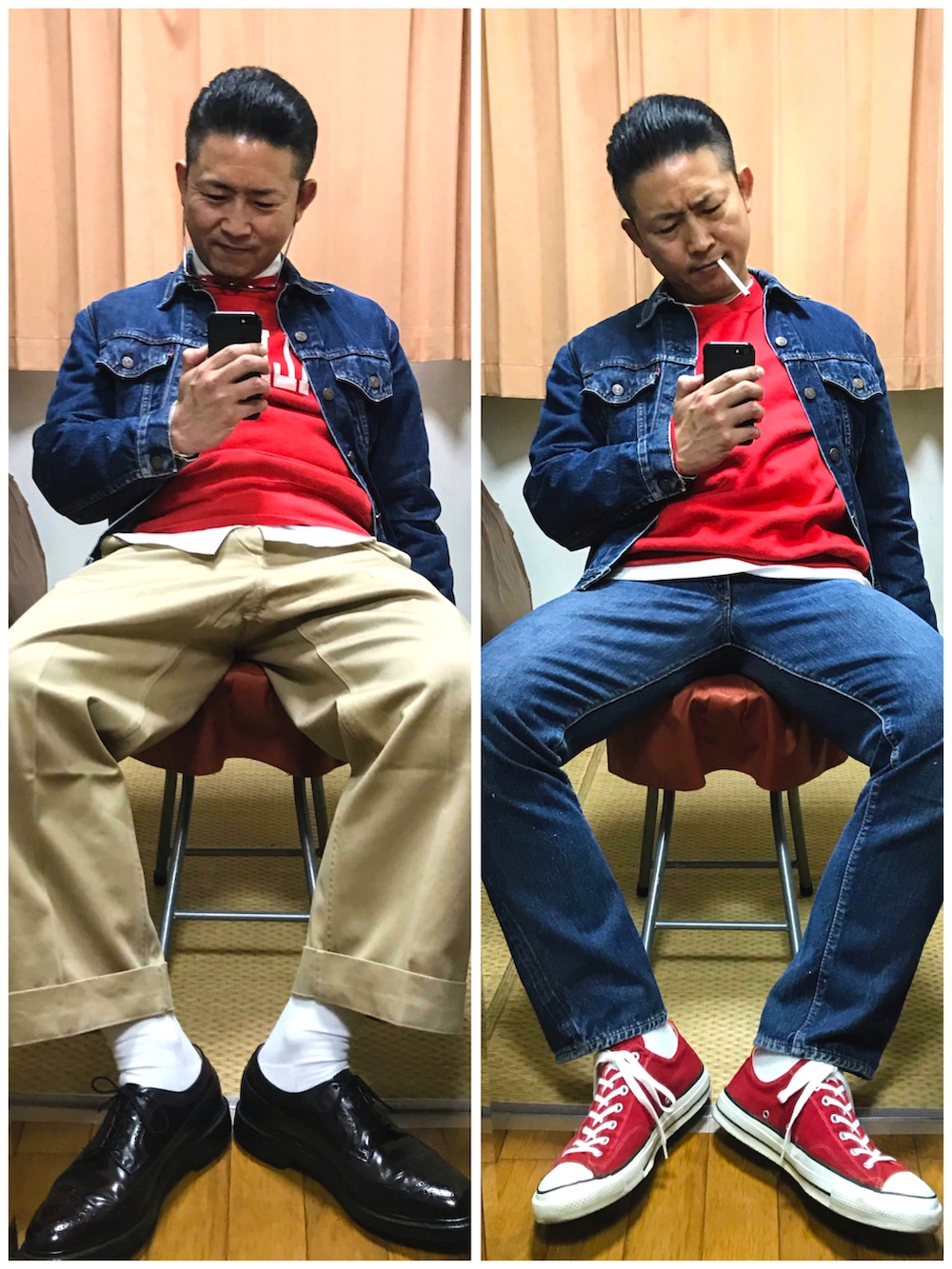 ブルー系のデニムジャケット、レッド系のスウェット、ホワイト系のシャツ/ブラウスを着用したメンズの秋コーディネートの4枚目の写真