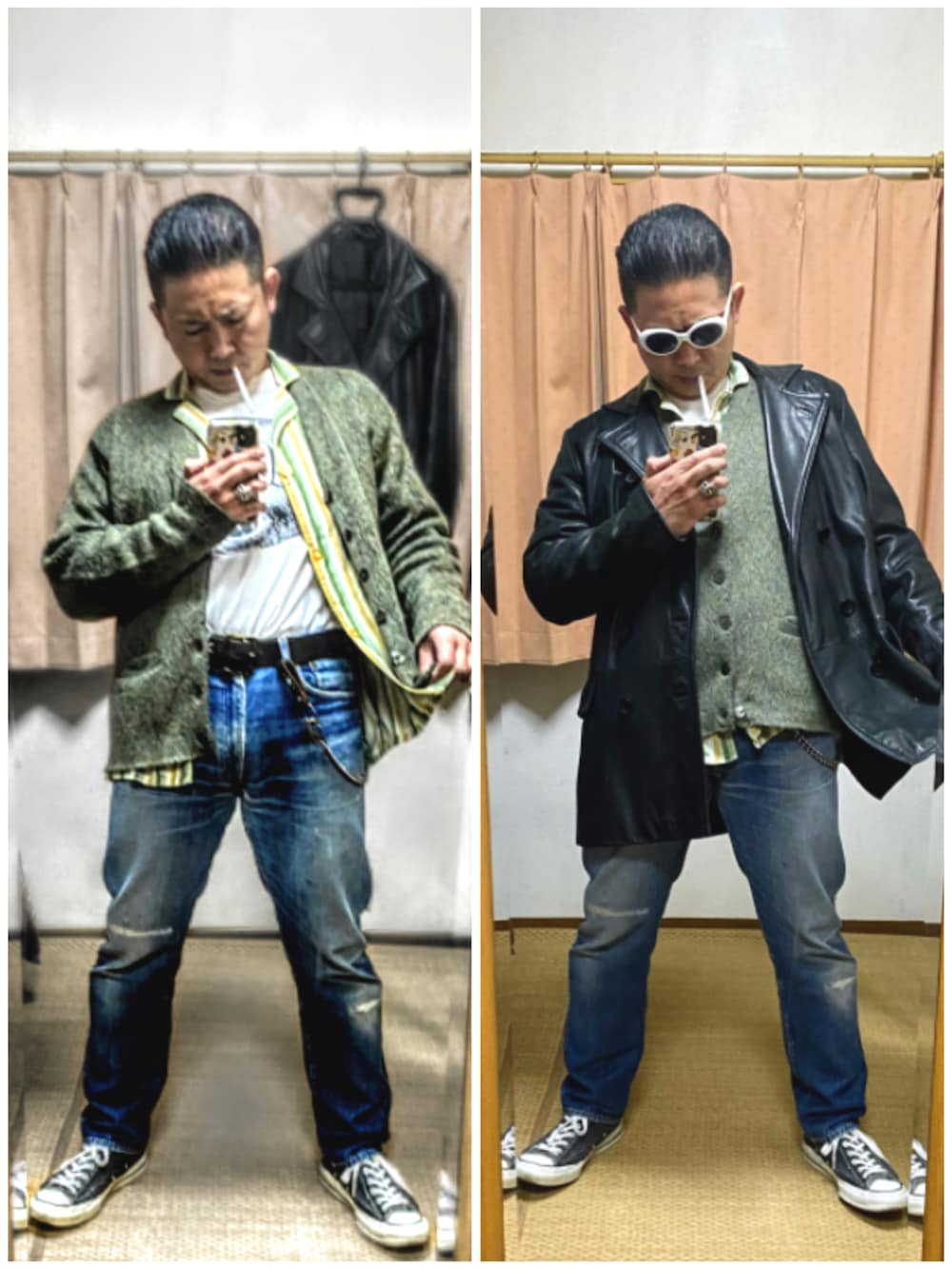 ブラック系のトレンチコート、その他のシャツ/ブラウス、ホワイト系のTシャツ/カットソーを着用したメンズの冬コーディネートの2枚目の写真