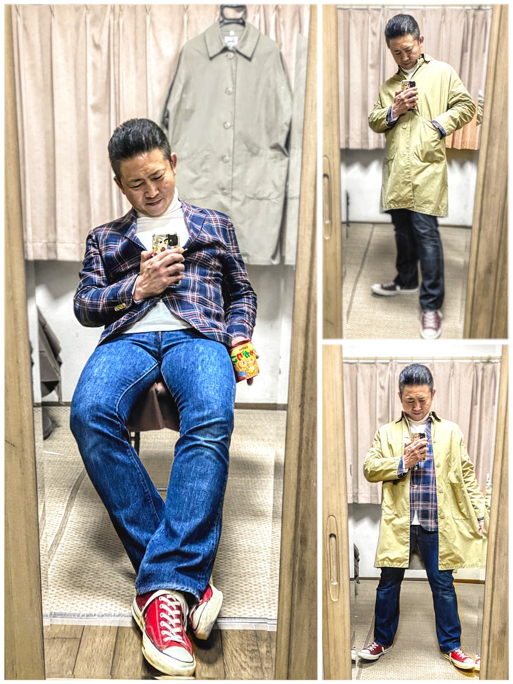 「片手スマホ自撮り研究会🤳✨、我が道をゆく隊、お仕事コーデ、きれいめカジュアル、春アウター、キャップ、じゃがりこポーチ🙋♀️、好きな服を好きなように着る🐷💕、コンバースが好き過ぎて🐷💕、みんな違ってみんないい、双極性障害、北千住アニメが熱い🔥、マルコとマルオとマリオ🤔⁉️、肉体改造中🐷💦、メルカリ大量出品中‼️」|「Maison Kitsuneの🔸メゾンキツネ🦊 パリジャンキャップ🧢(キャップ、レッド系)」を使った、おたっし🐷さん(メンズ・174cm)の春コーディネートの3枚目の写真