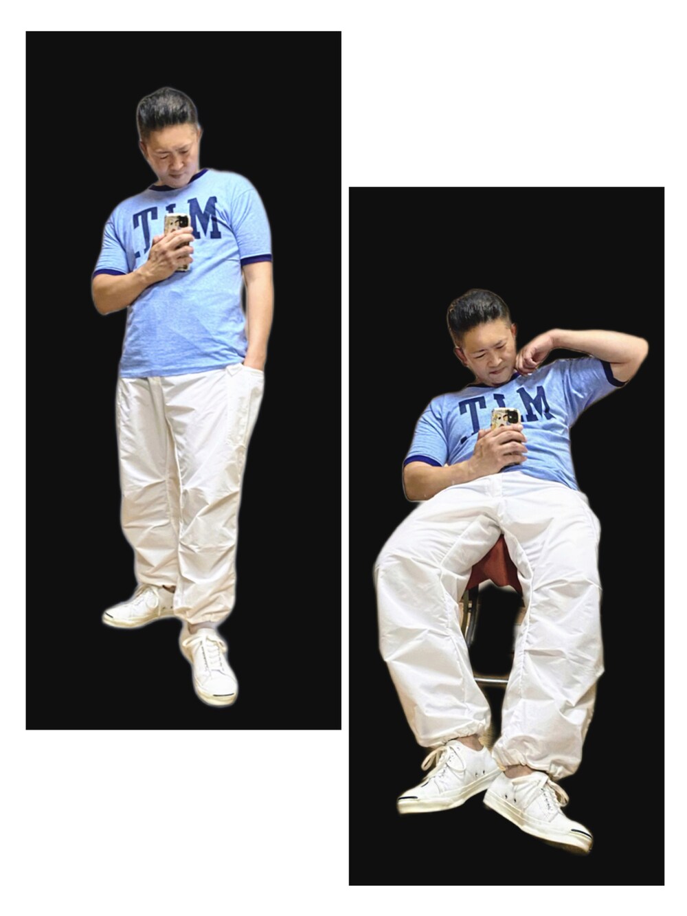 ブルー系のTシャツ/カットソー、ホワイト系のカーゴパンツ、ホワイト系のスニーカーを着用したメンズの夏コーディネートの3枚目の写真