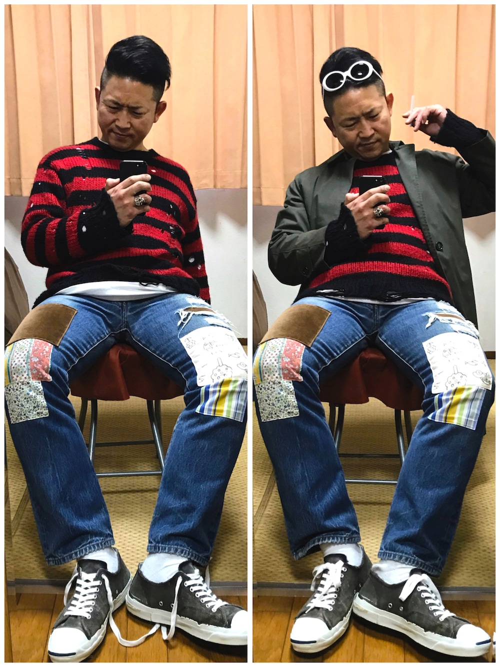 グリーン系のステンカラーコート、レッド系のニット/セーター、ホワイト系のTシャツ/カットソーを着用したメンズの冬コーディネートの2枚目の写真