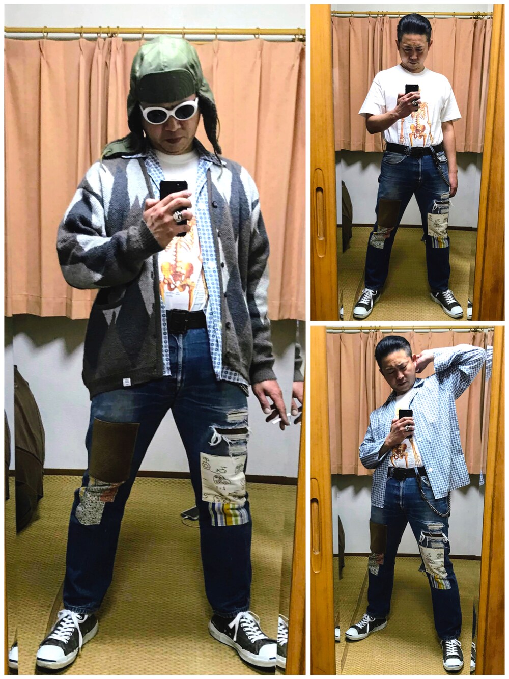 「片手スマホ自撮り研究会🤳✨、我が道をゆく隊、カートコバーン、グランジ、アメカジ、モヘアカーディガン、アーガイル柄、フライトキャップ、タックイン、好きな服を好きなように着る🐷💕、双極性障害、メルカリ大量出品中‼️、メルカリ★期間限定SALE★本日最終日‼️」｜「Buzz Rickson'sの🔸バズリクソン   フライトキャップ(緑)（キャップ、グリーン系）」を使った、おたっし🐷さん（メンズ・174cm）の冬コーディネートの2枚目の写真