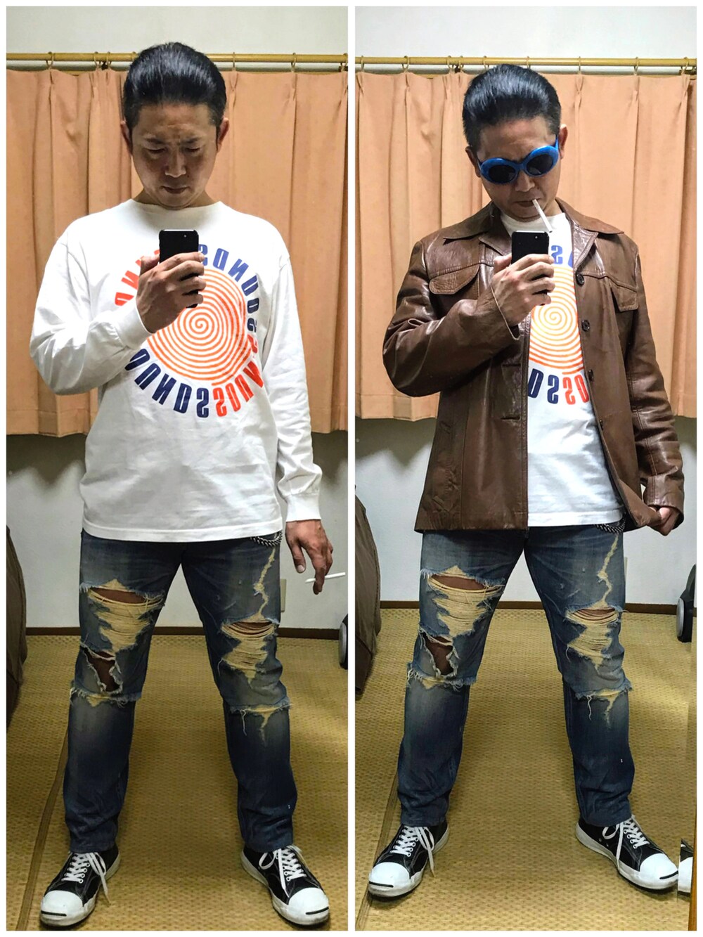 「アメカジ、グランジ、カートコバーン、双極性障害、我が道をゆく隊、片手スマホ自撮り研究会🤳✨、好きな服を好きなように着る🐷💕、メルカリ大量出品中‼️、誹謗中傷はやめよう」｜「no brandの🔸カートコバーン着用のオーバルサングラス🕶  （サングラス、その他）」を使った、おたっし🐷さん（メンズ・174cm）の秋コーディネートの2枚目の写真