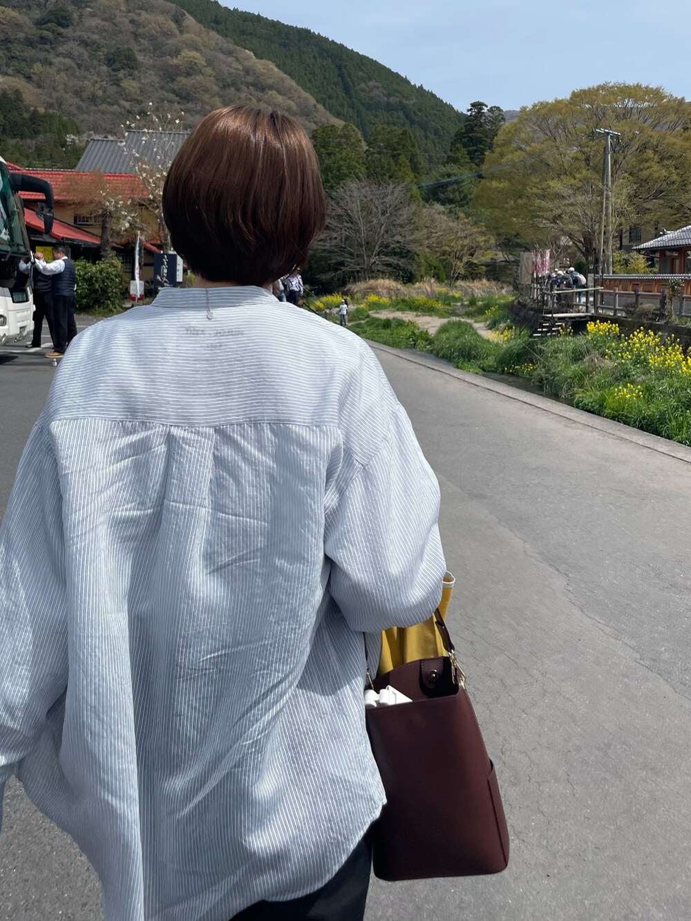 ブルー系のシャツ/ブラウス、ブラウン系のショルダーバッグ、ブラック系のパンツを着用したレディースの春コーディネートの2枚目の写真