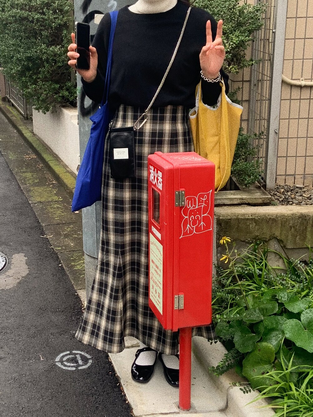 ブラック系のスカート、ブルー系のトートバッグ、ブラック系のニット/セーターを着用したレディースの秋コーディネートの2枚目の写真