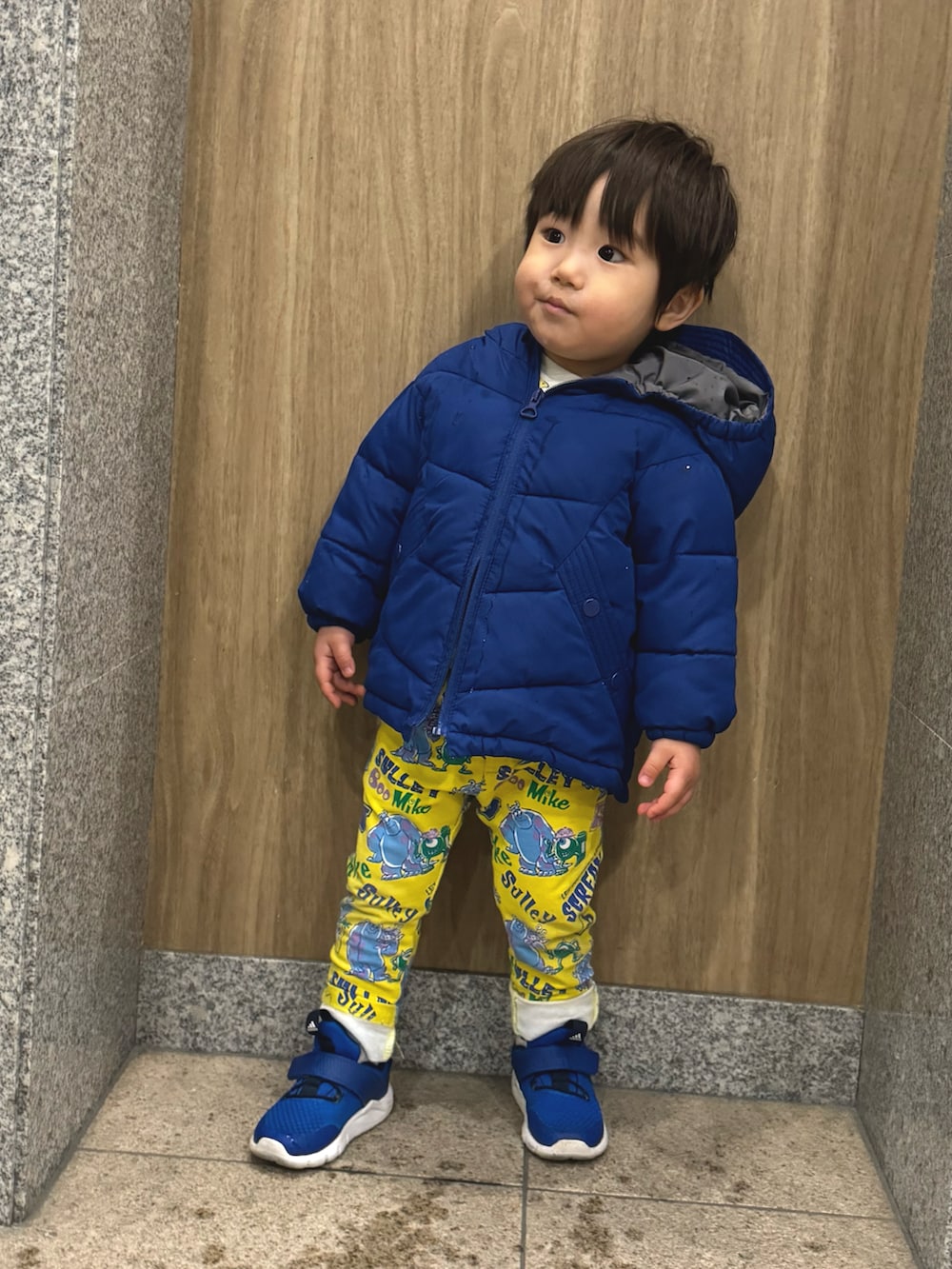 ブルー系のスニーカー、イエロー系のパンツ、ブルー系のジャケット/アウターを着用したキッズの春コーディネートの2枚目の写真