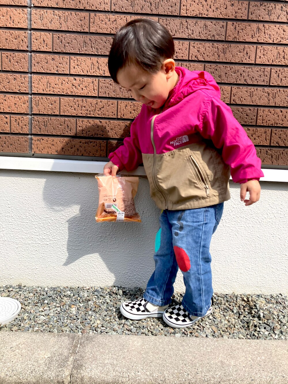 ピンク系のマウンテンパーカーを着用したキッズの夏コーディネートの2枚目の写真