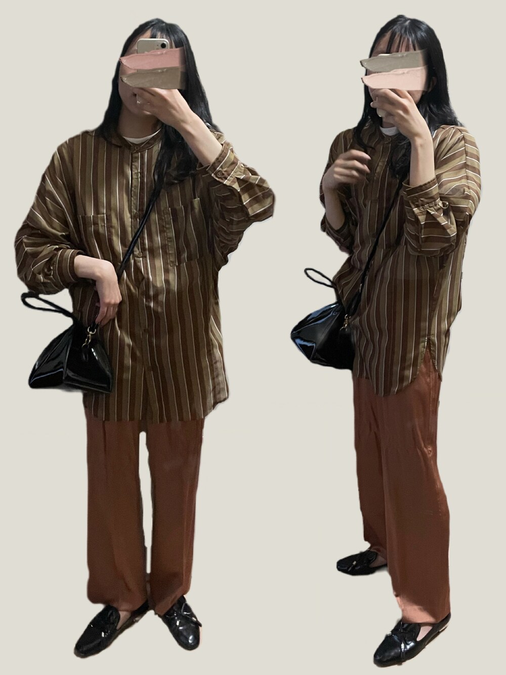 ブラウン系のシャツ/ブラウス、オレンジ系のその他パンツを着用したレディースの春コーディネートの2枚目の写真