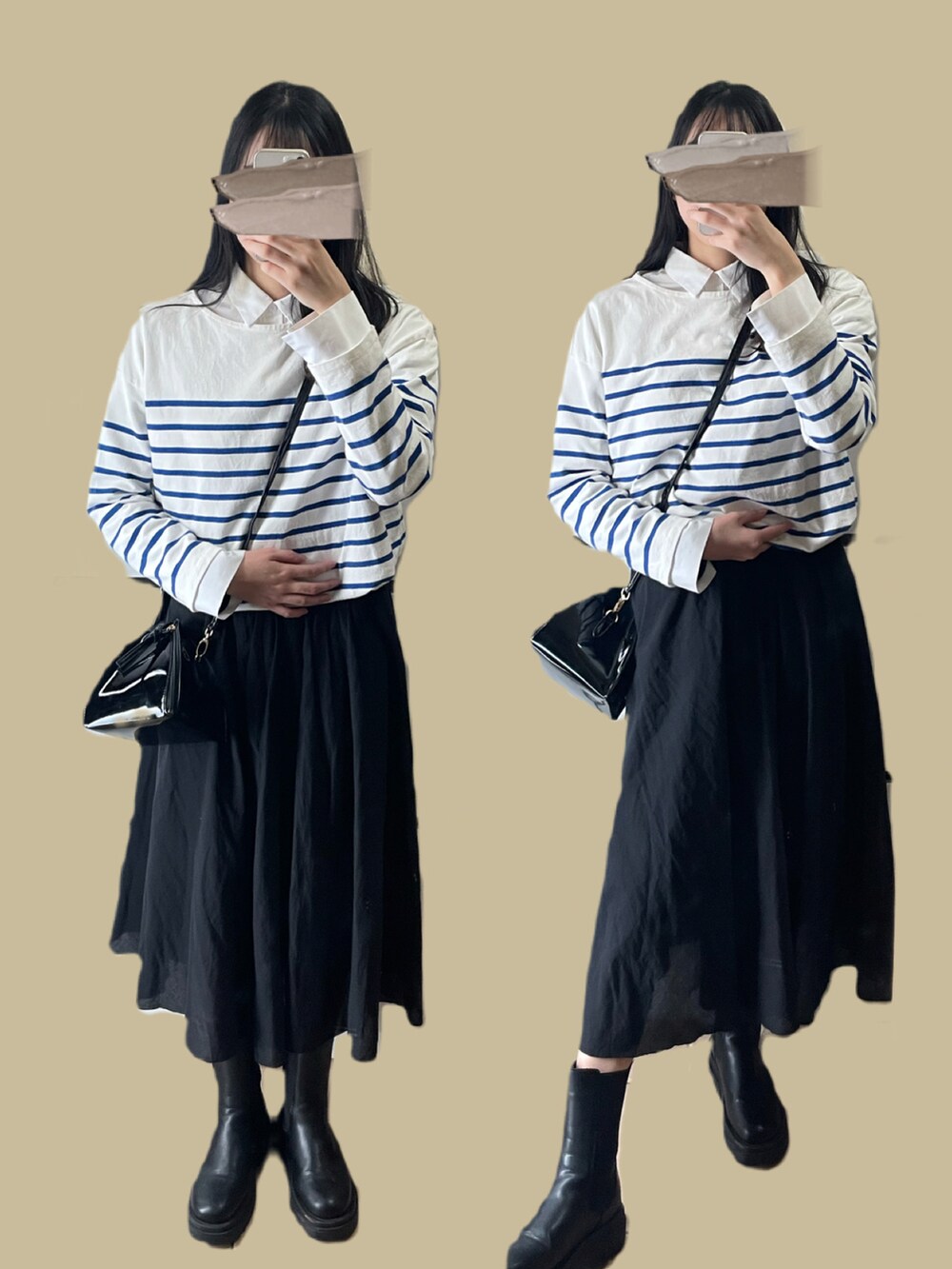 ブラック系のスカート、ブルー系のTシャツ/カットソー、ホワイト系のシャツ/ブラウスを着用したレディースの春コーディネートの2枚目の写真