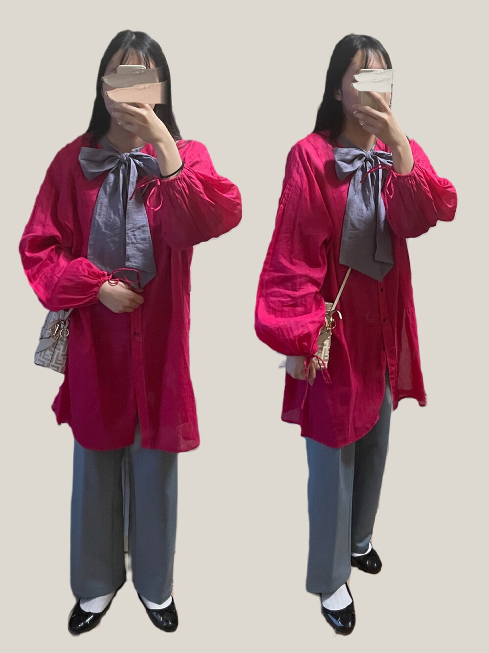 ピンク系のシャツ/ブラウスを着用したレディースの春コーディネートの2枚目の写真