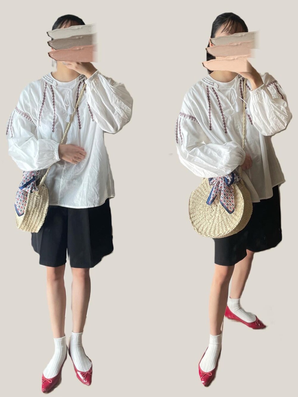 ホワイト系のシャツ/ブラウス、ベージュ系のかごバッグを着用したレディースの春コーディネートの2枚目の写真