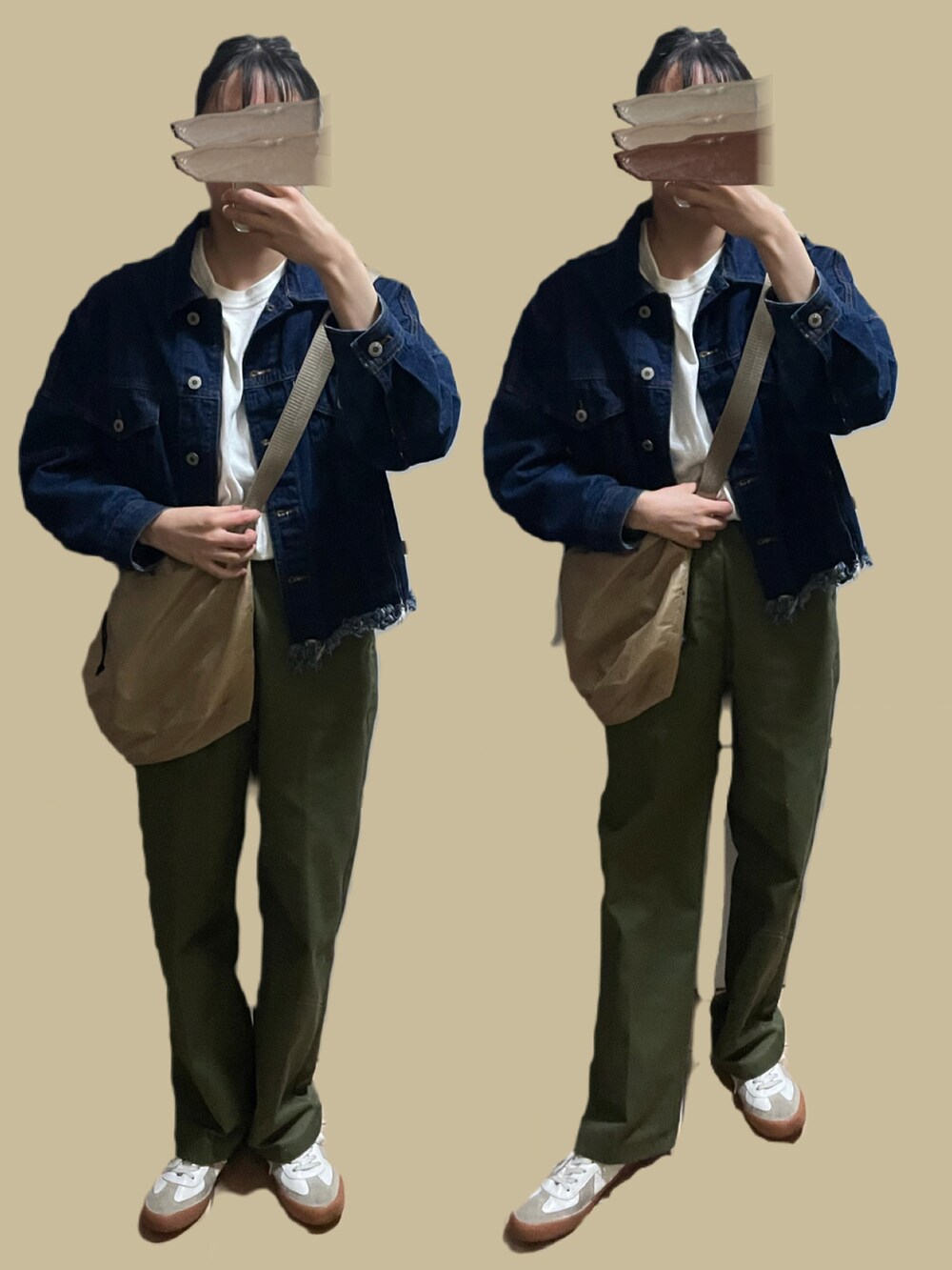 グリーン系のその他パンツ、ベージュ系のショルダーバッグ、ホワイト系のスニーカーを着用したレディースの春コーディネートの2枚目の写真