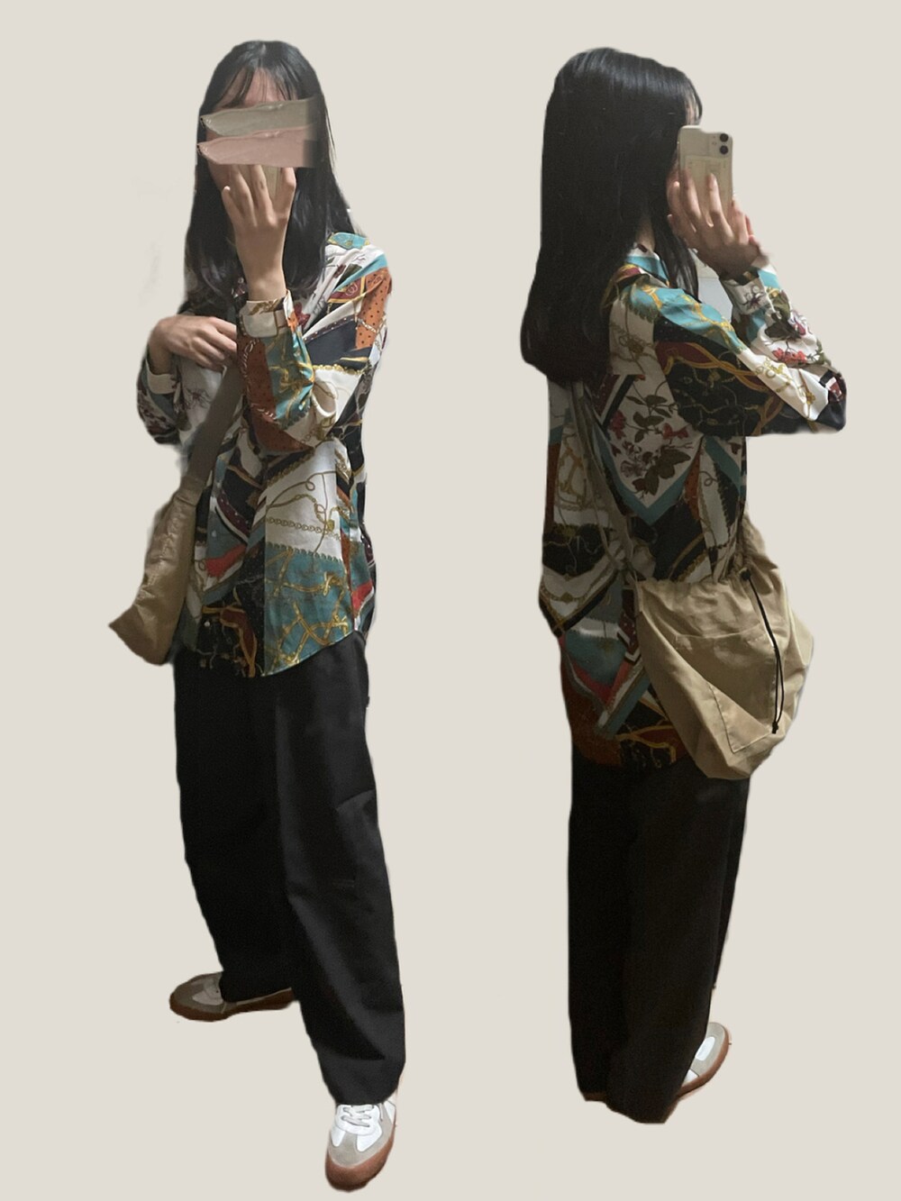 ホワイト系のスニーカー、ベージュ系のショルダーバッグを着用したレディースの春コーディネートの2枚目の写真