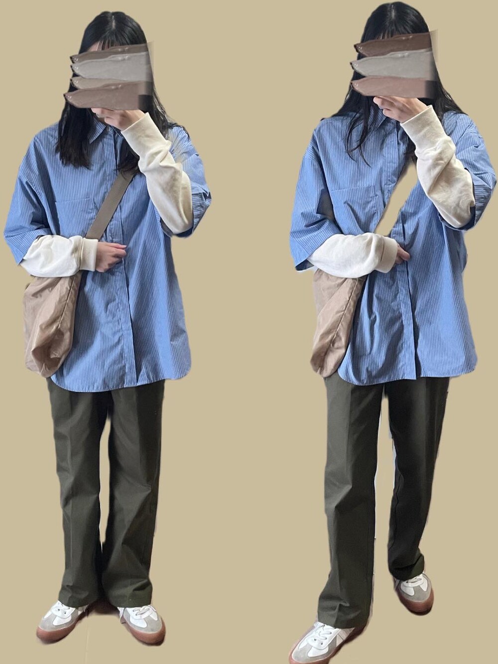 グリーン系のその他パンツ、ホワイト系のスニーカー、ベージュ系のショルダーバッグを着用したレディースの春コーディネートの2枚目の写真