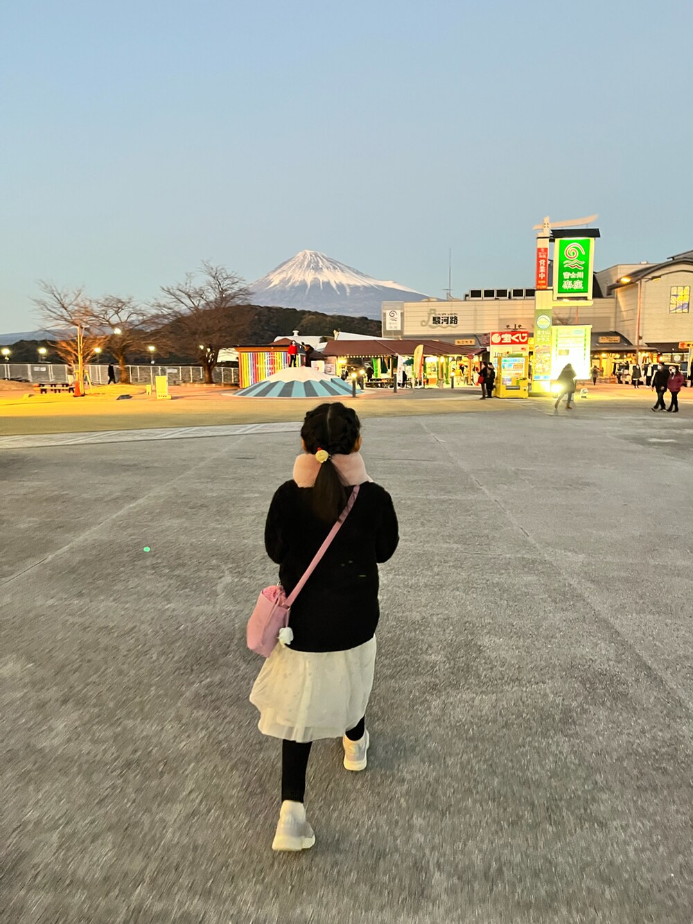 ブラック系のノーカラージャケット、グレー系のドレス、ピンク系のスニーカーを着用したキッズの冬コーディネートの4枚目の写真