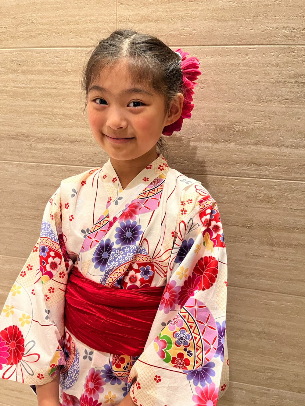 「浴衣、小学生、髪飾り、花型帯」｜「インターネット通販のアイテム（浴衣、ホワイト系）」を使った、springbluespringさん（キッズ・130cm）の春コーディネートの2枚目の写真