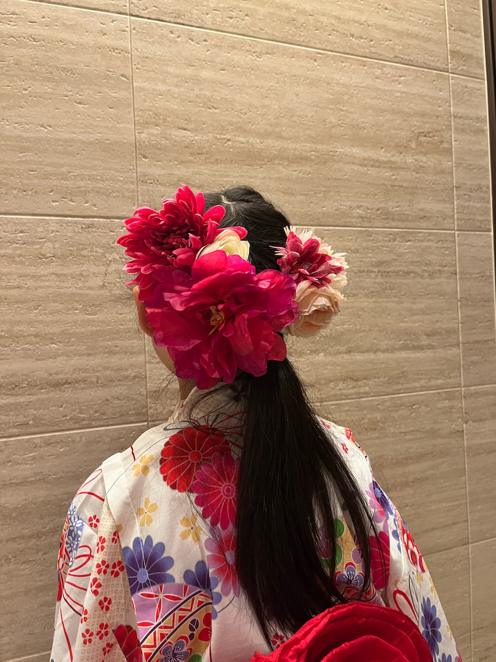 「浴衣、小学生、髪飾り、花型帯」｜「インターネット通販のアイテム（浴衣、ホワイト系）」を使った、springbluespringさん（キッズ・130cm）の春コーディネートの3枚目の写真