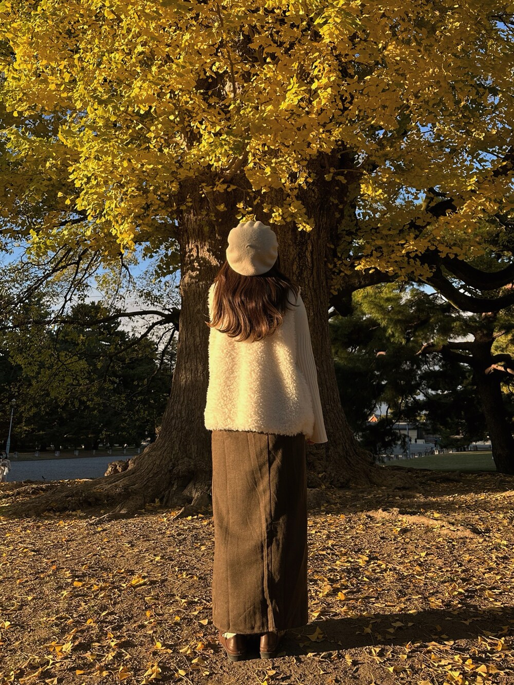 ブラウン系のショルダーバッグ、ブラウン系のスカート、ブラウン系のその他シューズを着用したレディースの秋コーディネートの2枚目の写真