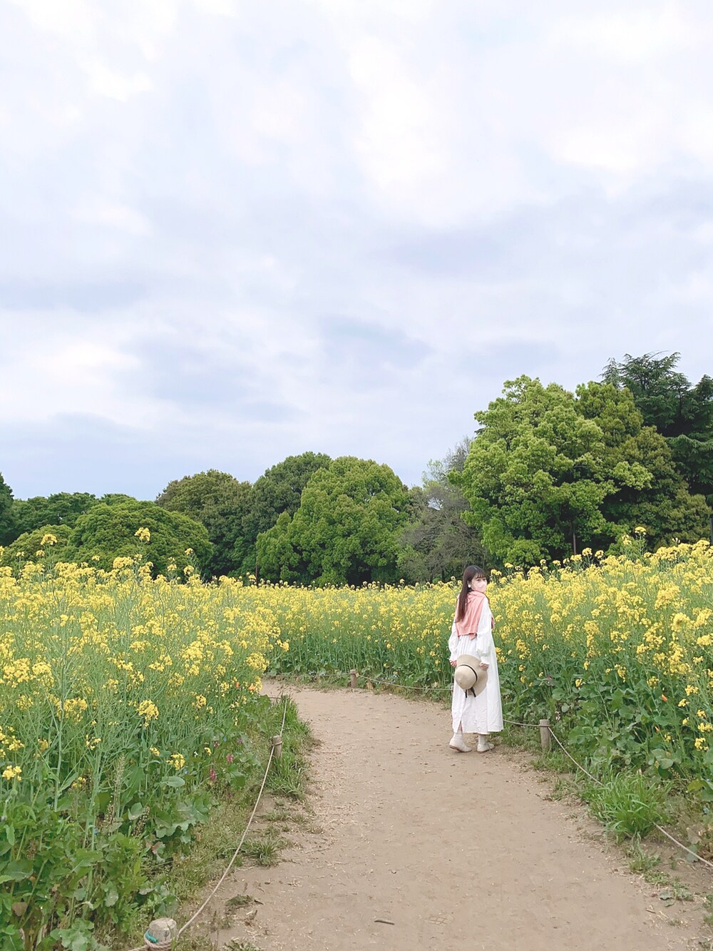 ピンク系のカーディガン/ボレロ、ホワイト系のワンピースを着用したレディースの春コーディネートの4枚目の写真