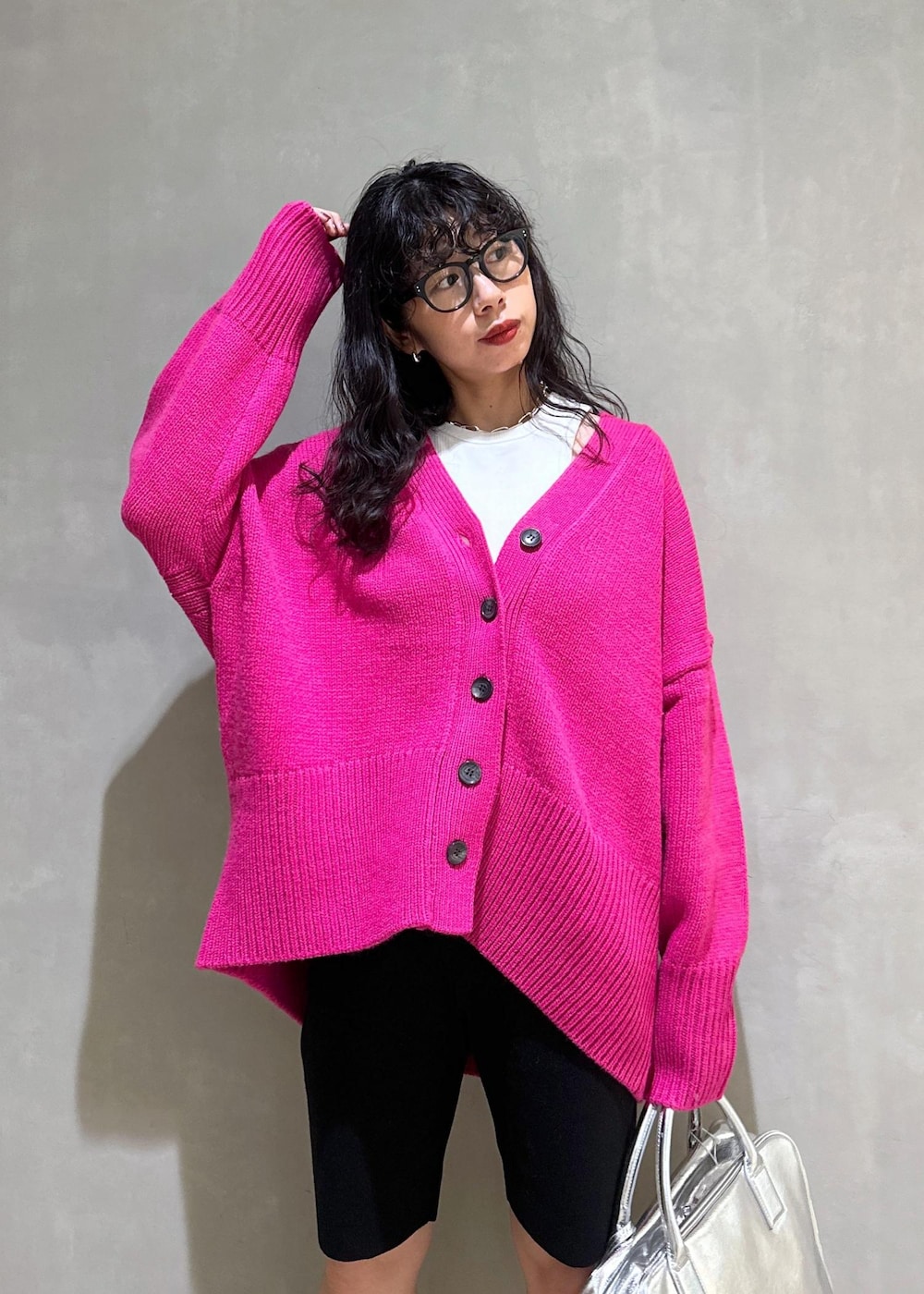 ebure コットンカシミヤ ローゲージカーディガン 幅広短丈 ピンク