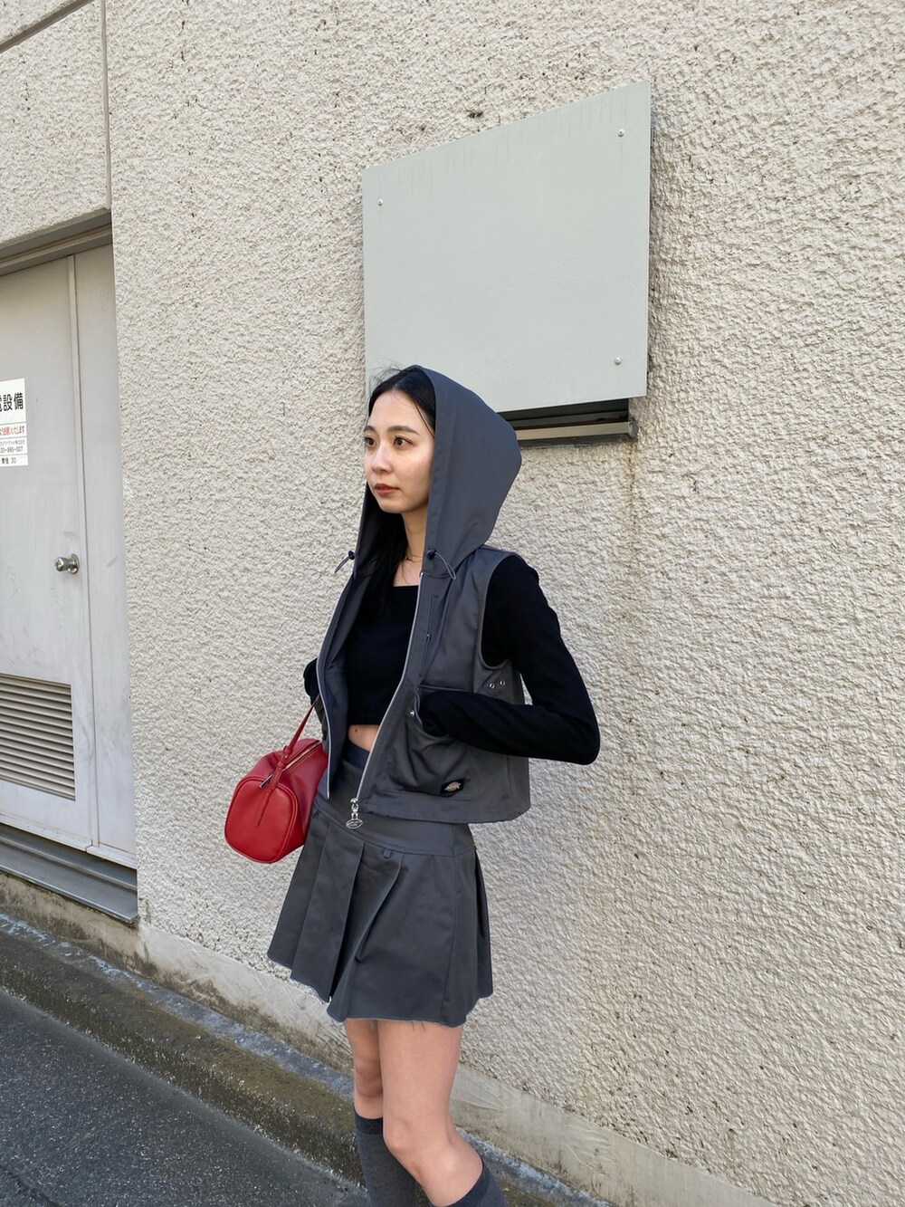 グレー系のベスト、グレー系のスカートを着用したレディースの春コーディネートの3枚目の写真