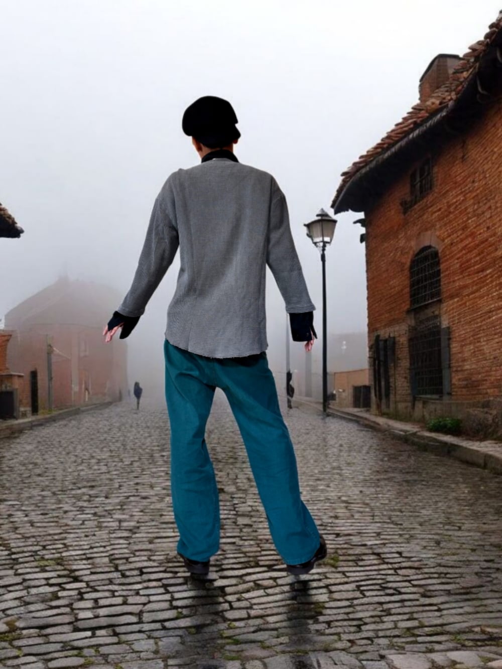 グレー系のTシャツ/カットソー、ブラック系のドレスシューズ、グリーン系のその他パンツを着用したメンズの秋コーディネートの4枚目の写真