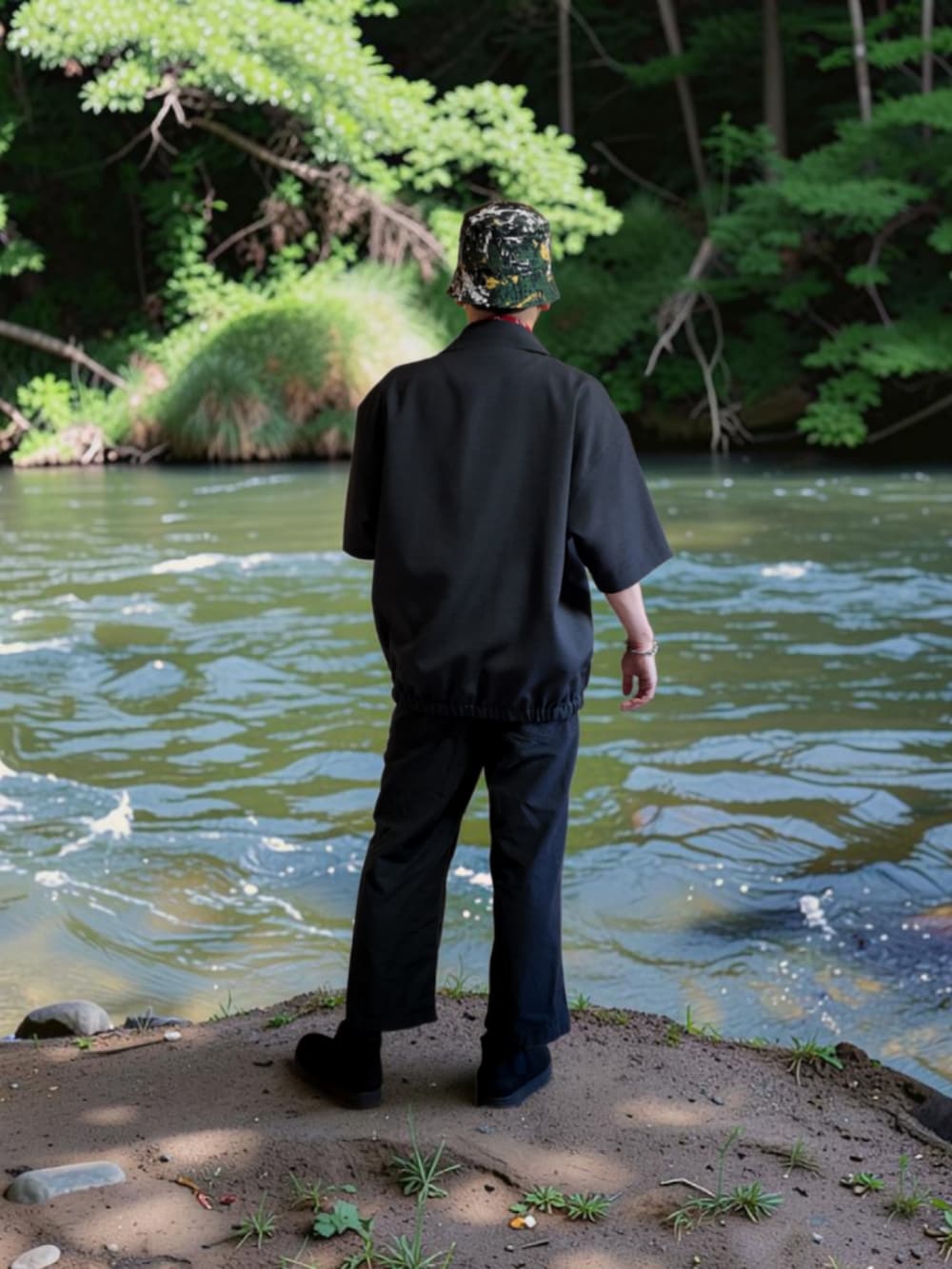ブラック系のその他パンツ、ブラック系のスニーカー、グレー系のシャツ/ブラウスを着用したメンズの夏コーディネートの5枚目の写真