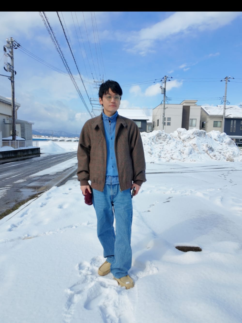 「今日のコーデ、メンズファッション、大人カジュアル、休日コーデ、古着、古着MIX、ドリズラージャケット、ワラビー、ハリントンジャケット、ビーニー、ニット帽、モーニング、工場勤務、水色、ワークスタイル」｜「EXAMPLEのEXAMPLE HEAVY BEANIE (JAPAN MADE)（ニットキャップ/ビーニー、レッド系）」を使った、九条∞(くじょうえいと)さん（メンズ・168cm）の冬コーディネートの3枚目の写真