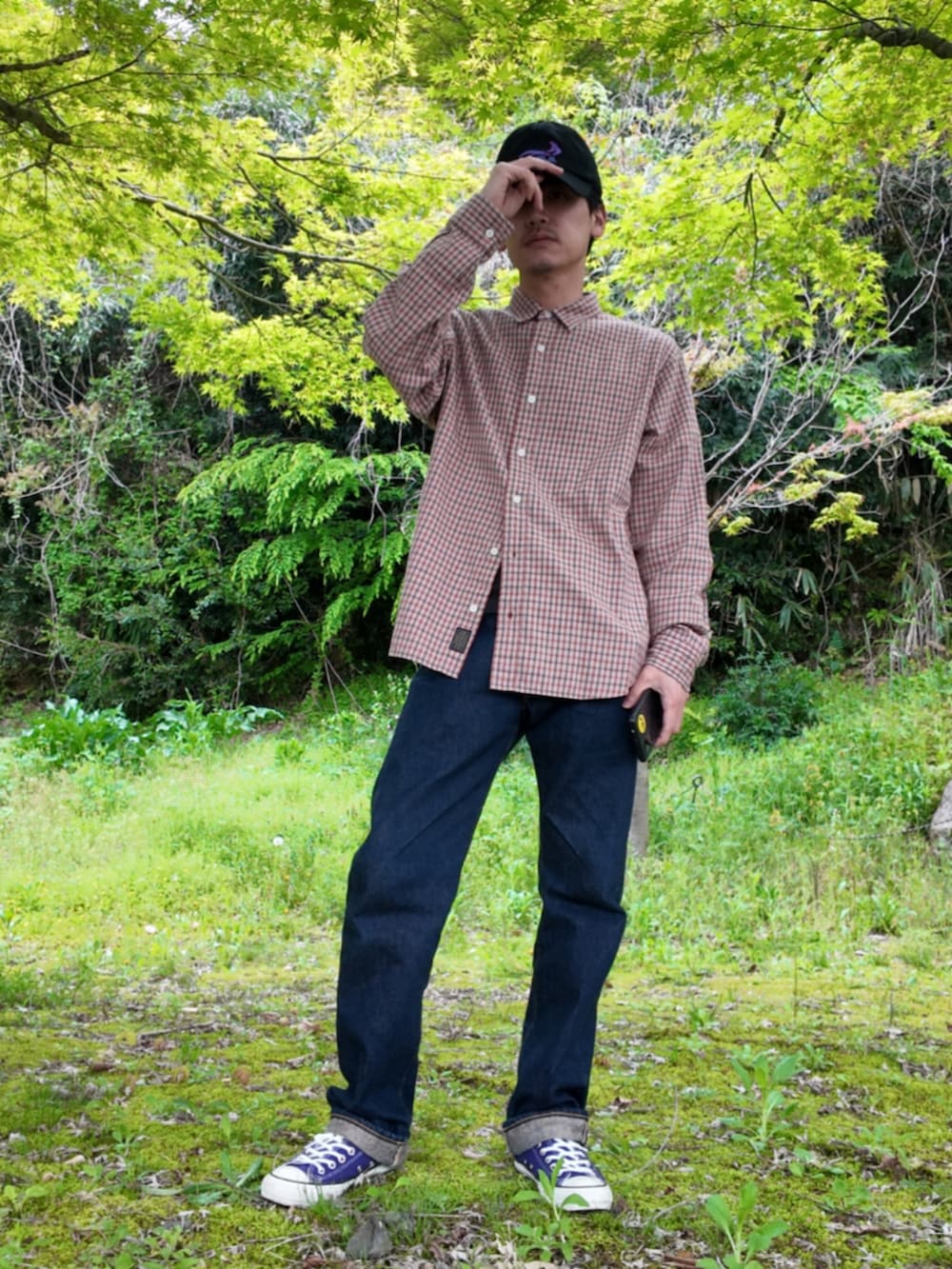 「メンズファッション、休日コーデ、今日のコーデ、バンドT、pavement、デニム、キャップ、チェックシャツ、ペンドルトン、西海岸、L.A、古着、古着MIX」｜「PENDLETONのチェックシャツ / size L　それほど古くない 00年代（シャツ/ブラウス、ベージュ系）」を使った、九条∞(くじょうえいと)さん（メンズ・168cm）の春コーディネートの3枚目の写真