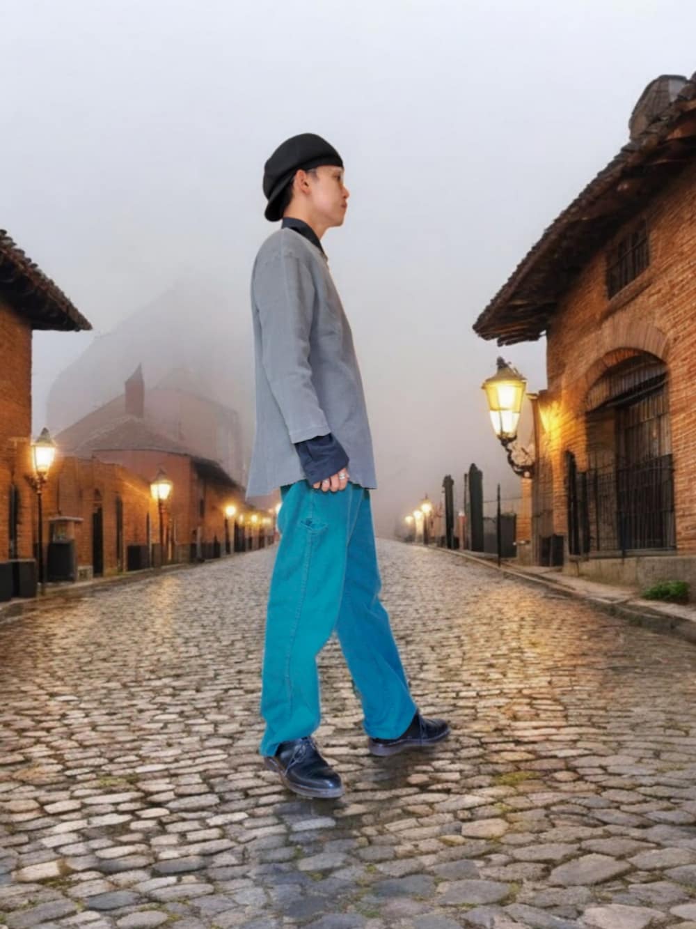 グレー系のTシャツ/カットソー、ブラック系のドレスシューズ、グリーン系のその他パンツを着用したメンズの秋コーディネートの3枚目の写真