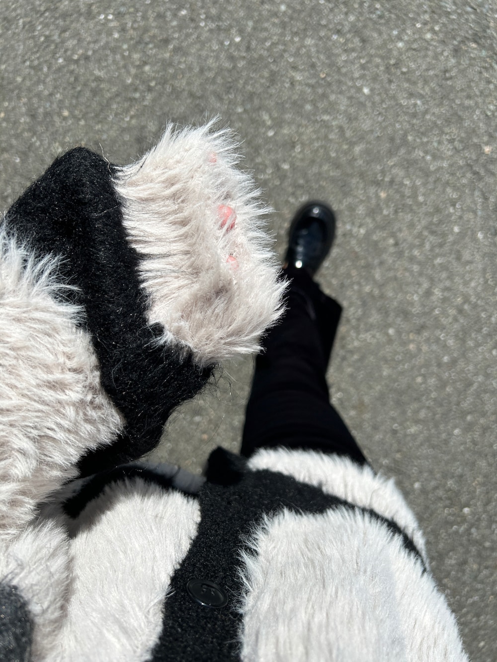 ブラック系のカーディガン/ボレロ、ブラック系のパンツ、ブラック系のローファーを着用したレディースの秋コーディネートの2枚目の写真