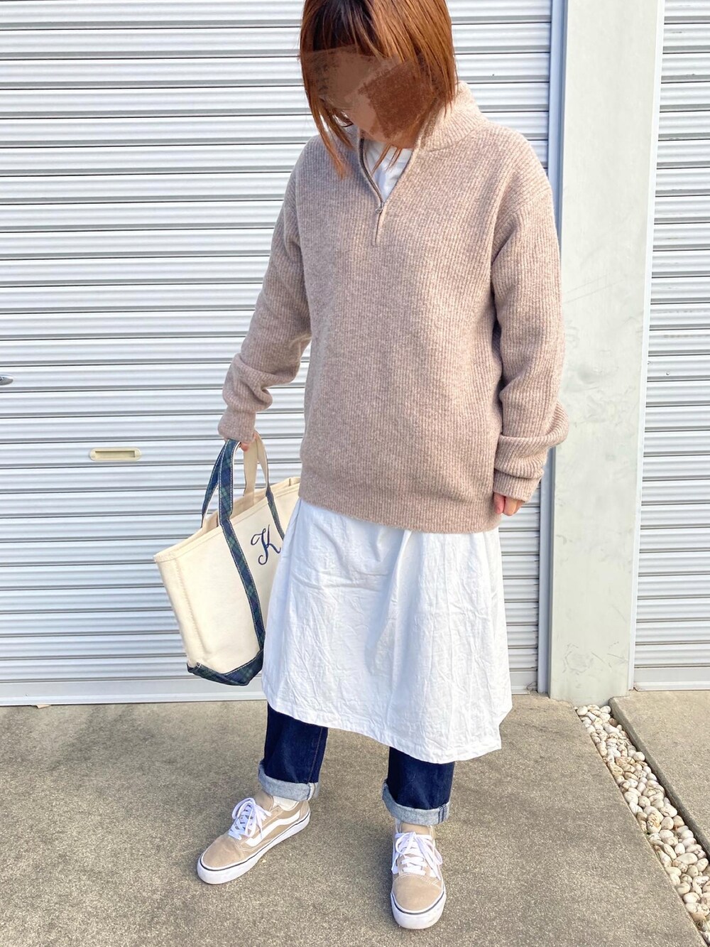 「ゆるコーデ、スニーカーコーデ、ニットコーデ、ユニクロ、ハーフジップ、VANS、エルエルビーン、お洒落さんとつながりたい」｜「UNIQLOのアイテム（ニット/セーター、ベージュ系）」を使った、puuuupiiii2720さん（レディース・158cm）の冬コーディネートの3枚目の写真