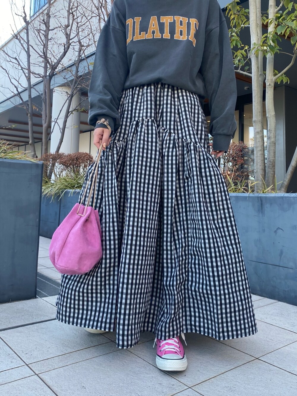 その他のスカート、グレー系のTシャツ/カットソー、ピンク系のハンドバッグを着用したレディースの冬コーディネートの6枚目の写真