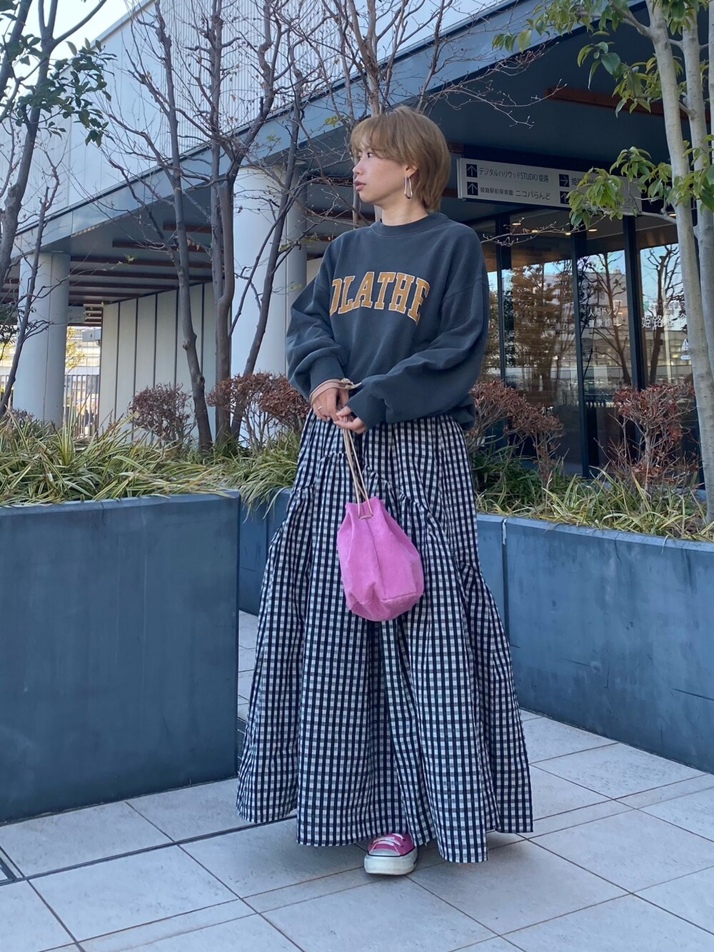 その他のスカート、グレー系のTシャツ/カットソー、ピンク系のハンドバッグを着用したレディースの冬コーディネートの3枚目の写真