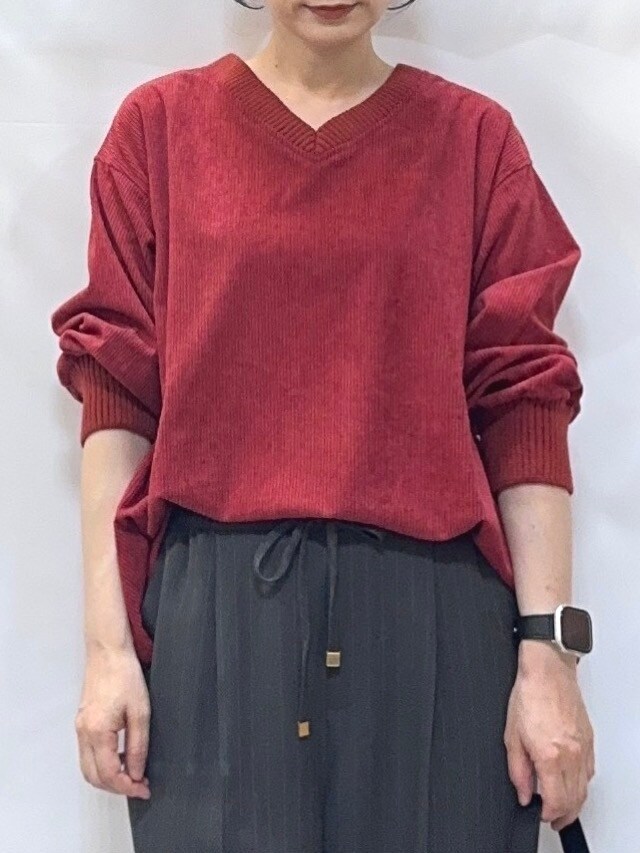 レッド系のTシャツ/カットソー、グレー系のその他パンツ、ブラック系のブーツを着用したレディースの秋コーディネートの6枚目の写真
