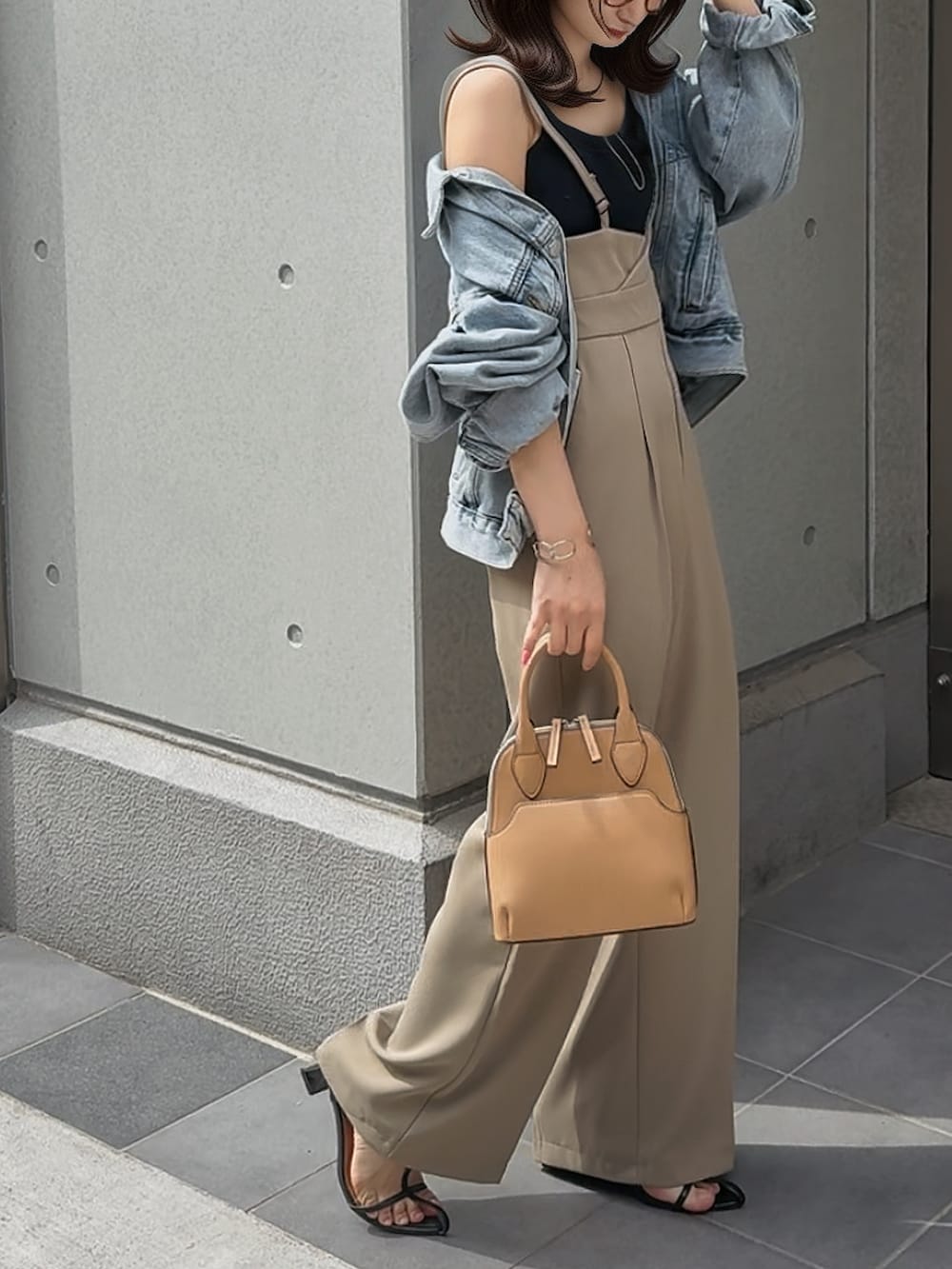 ブラウン系のサロペット/オーバーオールを着用したレディースの春コーディネートの3枚目の写真