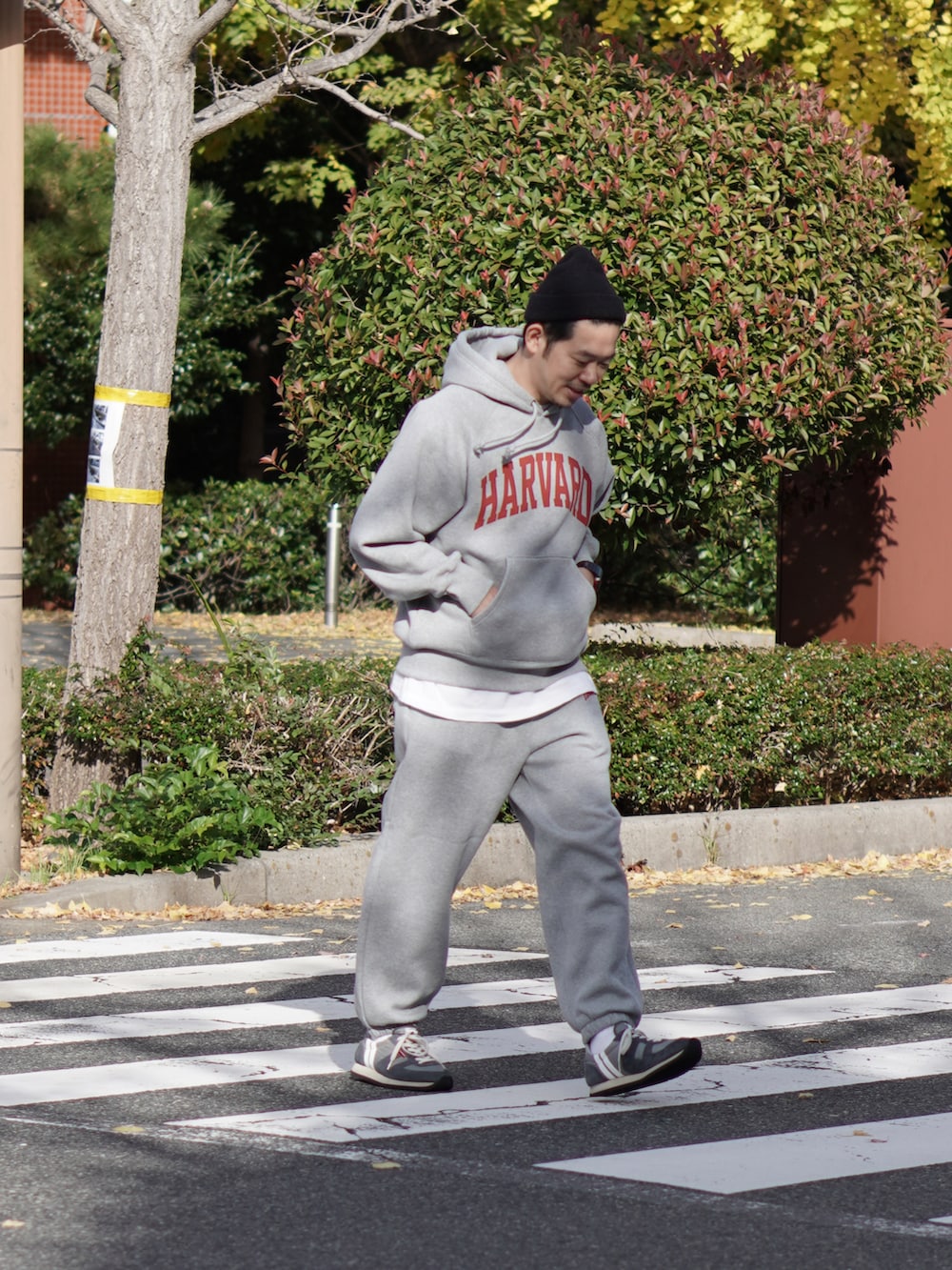 グレー系のパーカー、グレー系のスウェットパンツ、グレー系のスニーカーを着用したメンズの秋コーディネートの2枚目の写真