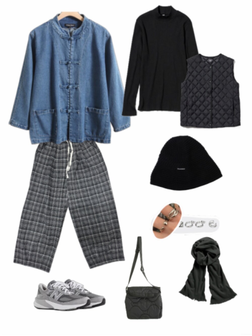 「GU、UNIQLO、格子褲、牛仔外套、單寧、New Balance、淘寶、中國風、ootd」｜「淘寶（好心情运动发饰）の2024-01 $83（ニットキャップ/ビーニー、ブラック系）」を使った、c.s.y.さん（レディース・154cm）の冬コーディネートの2枚目の写真