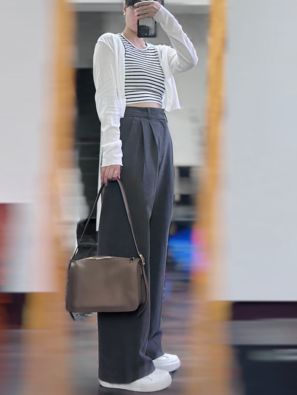 「夏コーデ、NIKE、GU、白Tシャツ、條紋、寬褲、ootd」｜「NU Vの2023-09 s $90（タンクトップ、ブルー系）」を使った、c.s.y.さん（レディース・154cm）の夏コーディネートの2枚目の写真