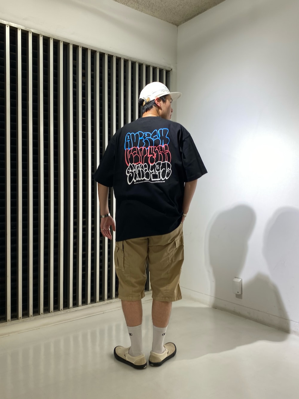 ブラック系のTシャツ/カットソー、グリーン系のカーゴパンツを着用したメンズの夏コーディネートの2枚目の写真