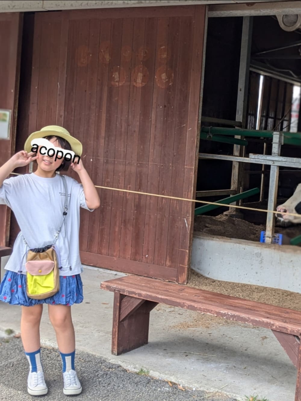 ブルー系のスカート、グレー系のTシャツ/カットソー、ベージュ系のショルダーバッグを着用したキッズの夏コーディネートの2枚目の写真