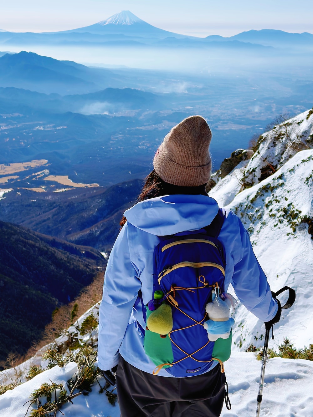 パープル系のマウンテンパーカー、グリーン系のその他シューズ、グレー系のチノパンツを着用したレディースの冬コーディネートの2枚目の写真