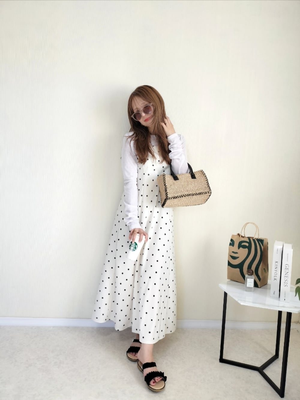 ホワイト系のワンピース、ベージュ系のかごバッグを着用したレディースの夏コーディネートの3枚目の写真