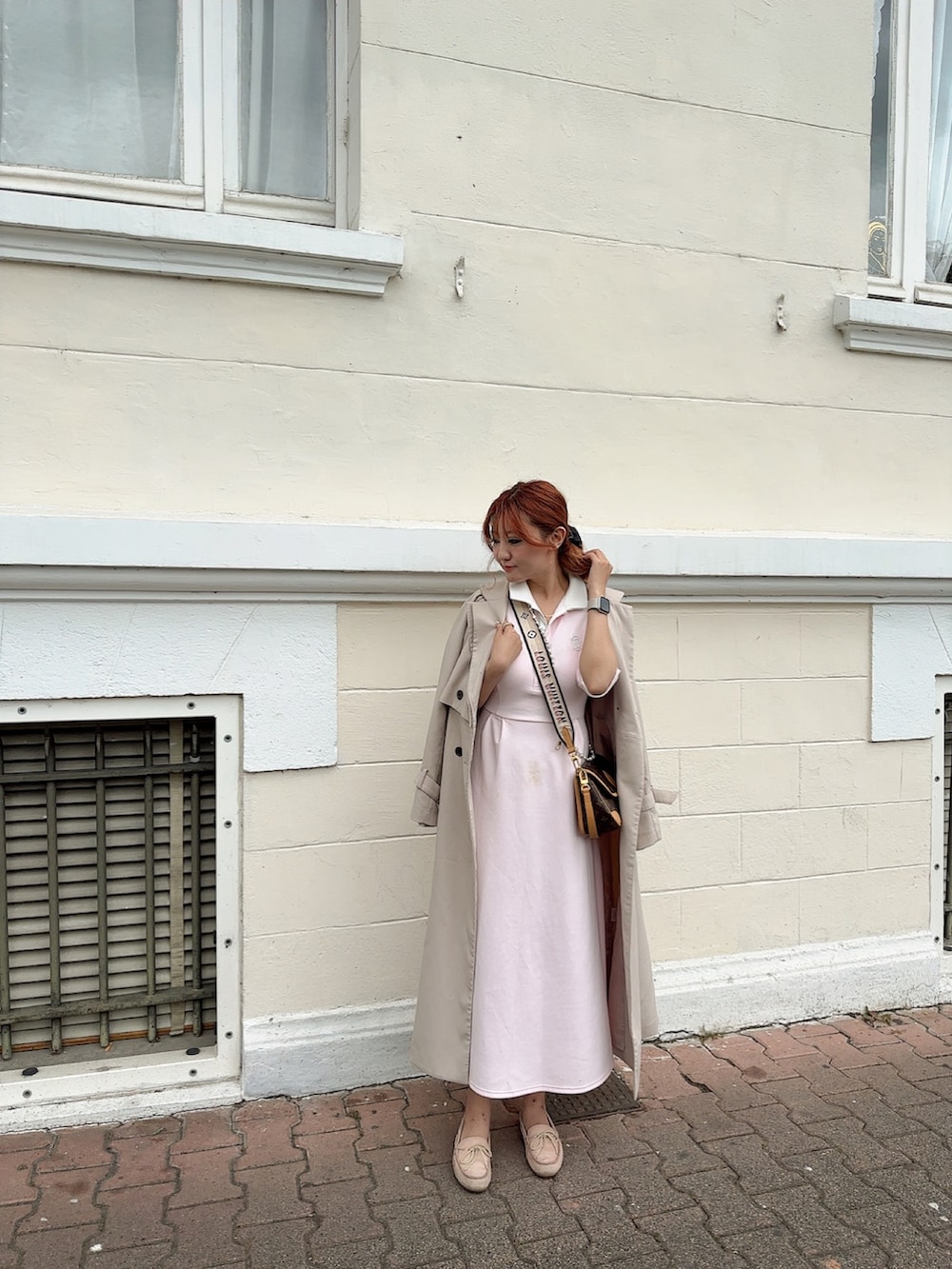 「オトナカワイイ、フランス旅行、大人女子、大人ガーリー」｜「Her lip toのPolo Tuck Flared Dress（ワンピース、ピンク系）」を使った、asuka0202さん（レディース・160cm）の夏コーディネートの2枚目の写真
