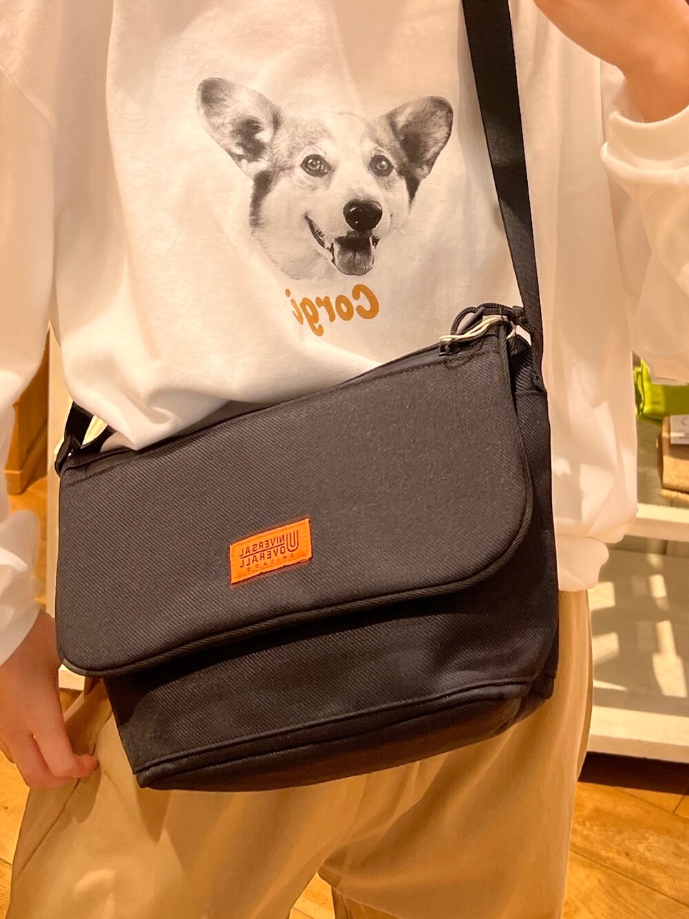 ホワイト系のTシャツ/カットソー、ベージュ系のその他パンツ、ベージュ系のショルダーバッグを着用したレディースの秋コーディネートの2枚目の写真