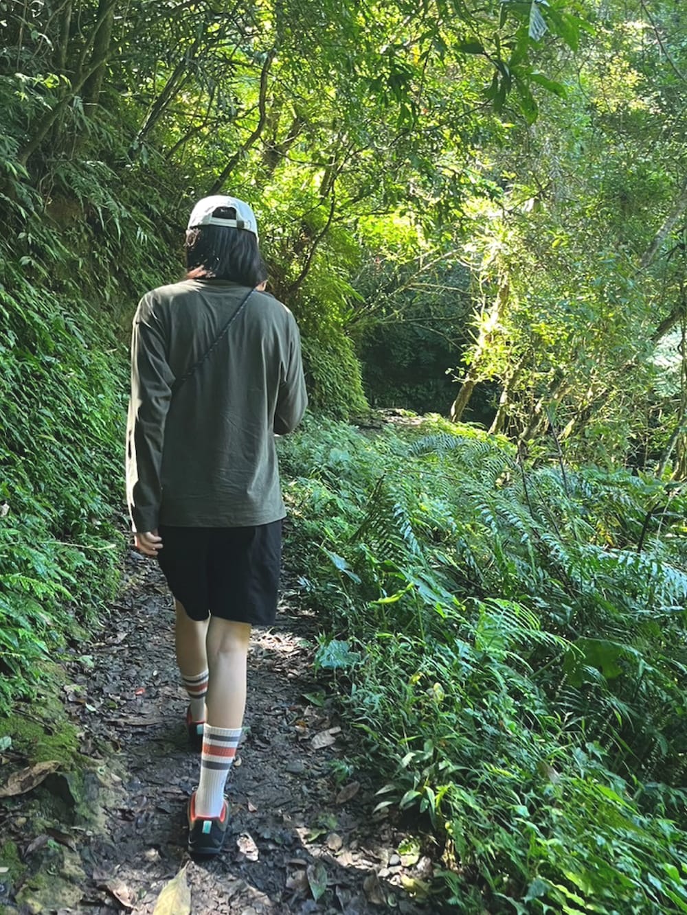 グリーン系のTシャツ/カットソー、グレー系のスニーカー、ブラック系のキャップを着用したメンズの秋コーディネートの2枚目の写真