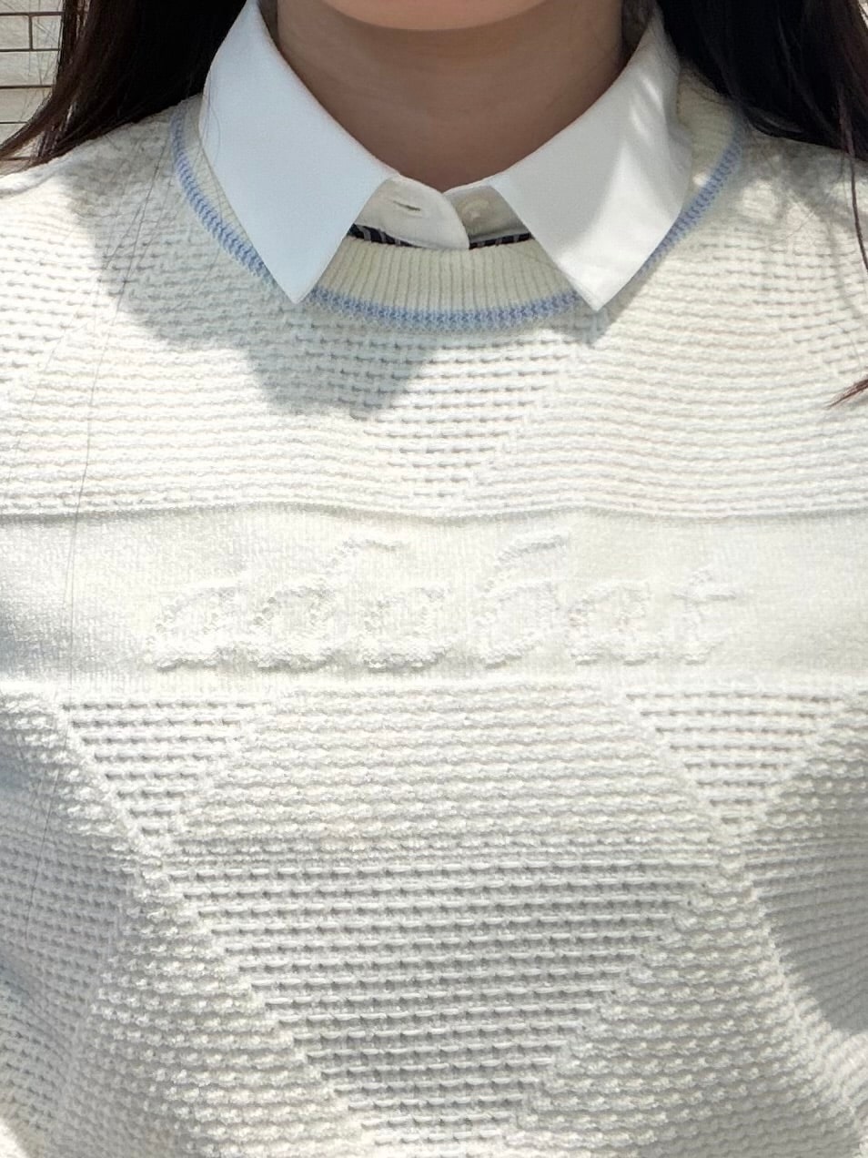 ホワイト系のベスト、ホワイト系のTシャツ/カットソー、ブルー系のスカートを着用したレディースの秋コーディネートの4枚目の写真