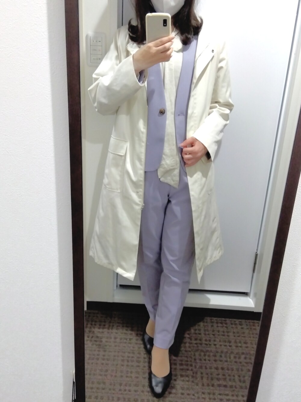 「春服デビュー宣言、パープル、カラースーツ、オフィスカジュアル、INDEX、green label relaxing、FRAY I.D、chocolates、紫大好き人間、通勤スタイル、スーツスタイル」｜「indexの【セットアップ対応】Reflax ツイルノーカラージャケット（ノーカラージャケット、パープル系）」を使った、kakibutterさん（レディース・159cm）の春コーディネートの2枚目の写真