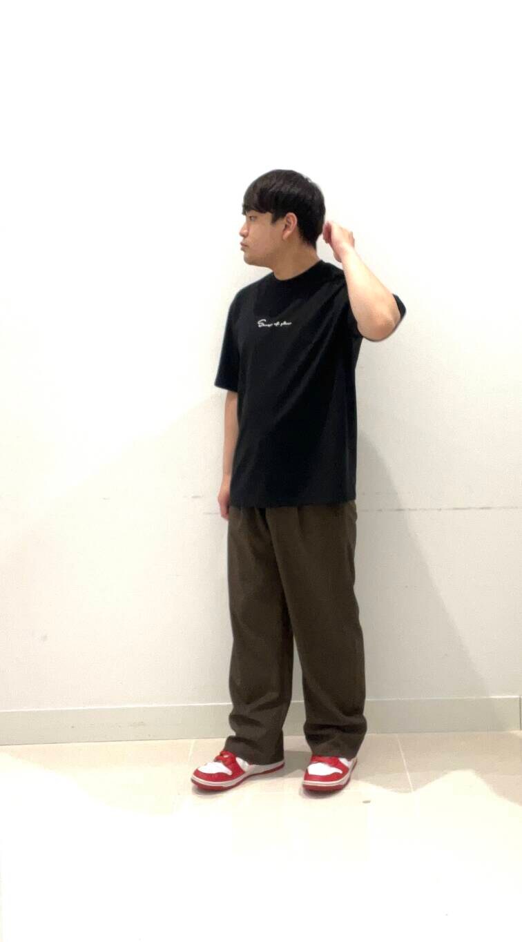 ブラウン系のその他パンツ、ブラック系のTシャツ/カットソーを着用したメンズの夏コーディネートの2枚目の写真